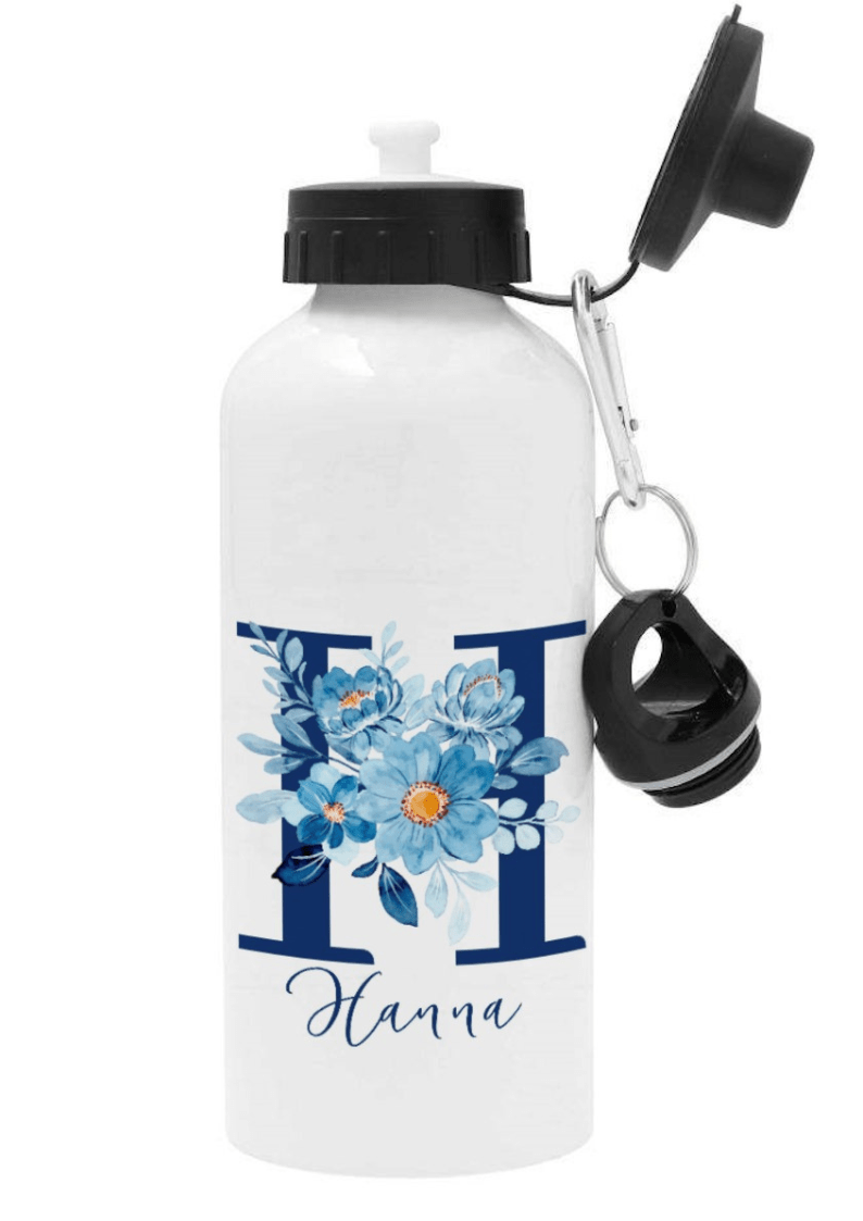 Personalisierte Trinkflasche mit Namen – Blaue Blumen