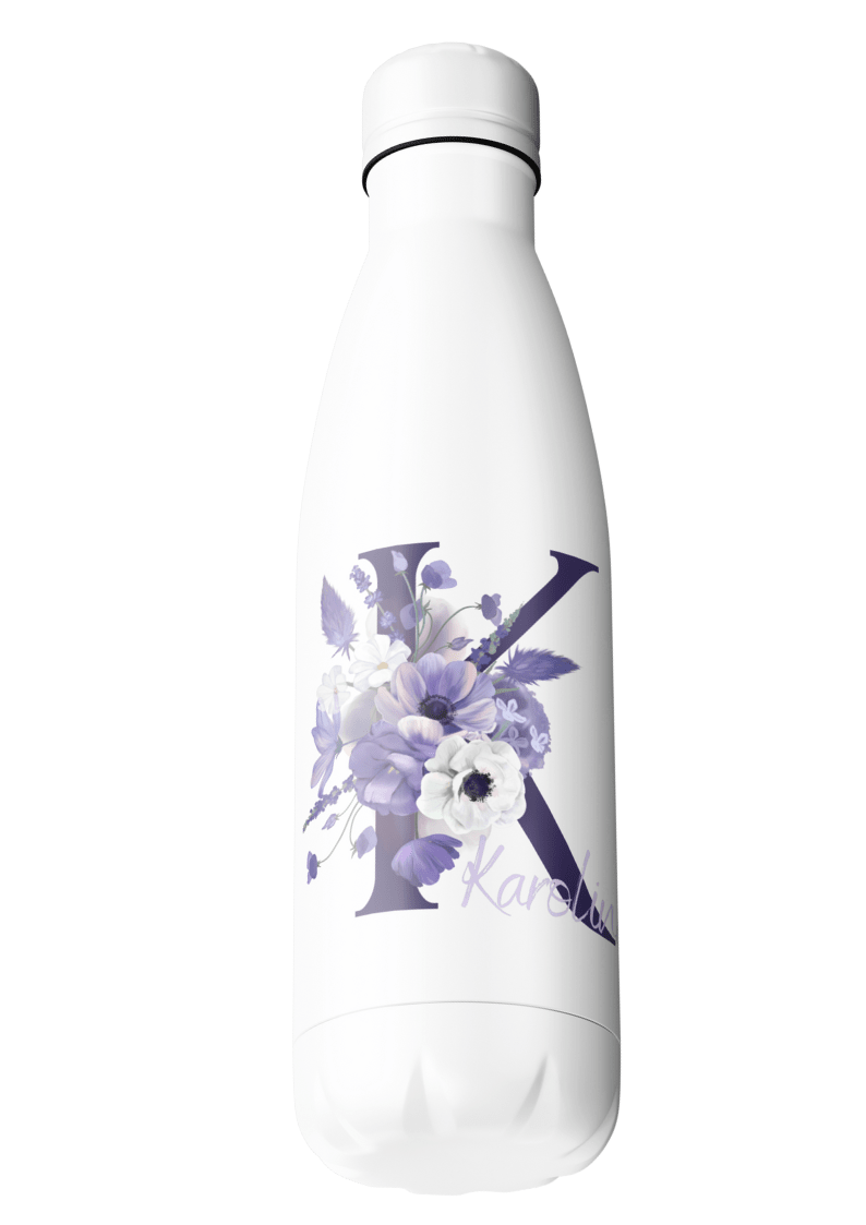 Lila Blumen – Reisebecher mit Namen – Thermobecher mit Namen