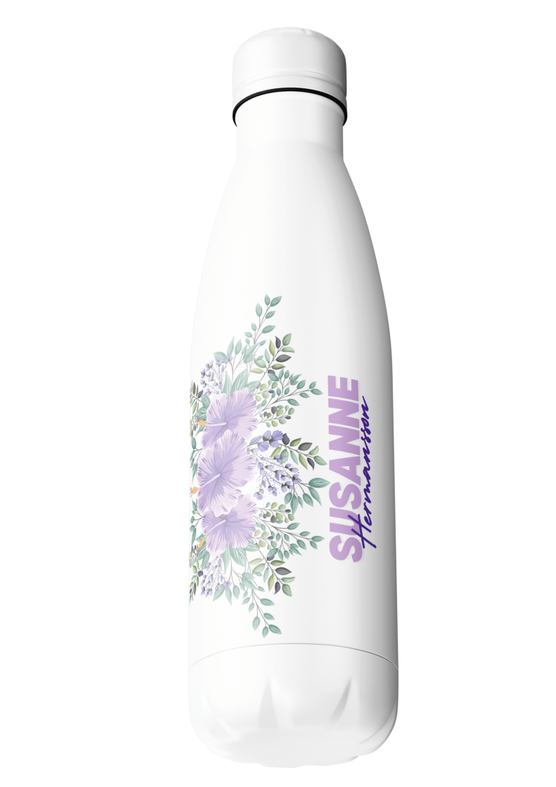 Lila Blumenmuster – Reisebecher mit Namen – Thermobecher mit Namen