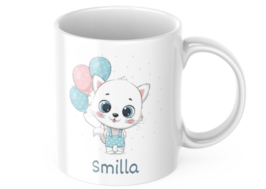 Personalisierte Kindertasse – Katze mit Luftballons – Tasse mit Namen für Kinder