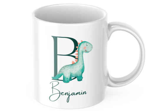 Personlig barnmugg – Dinosaurie med initial – mugg med namn