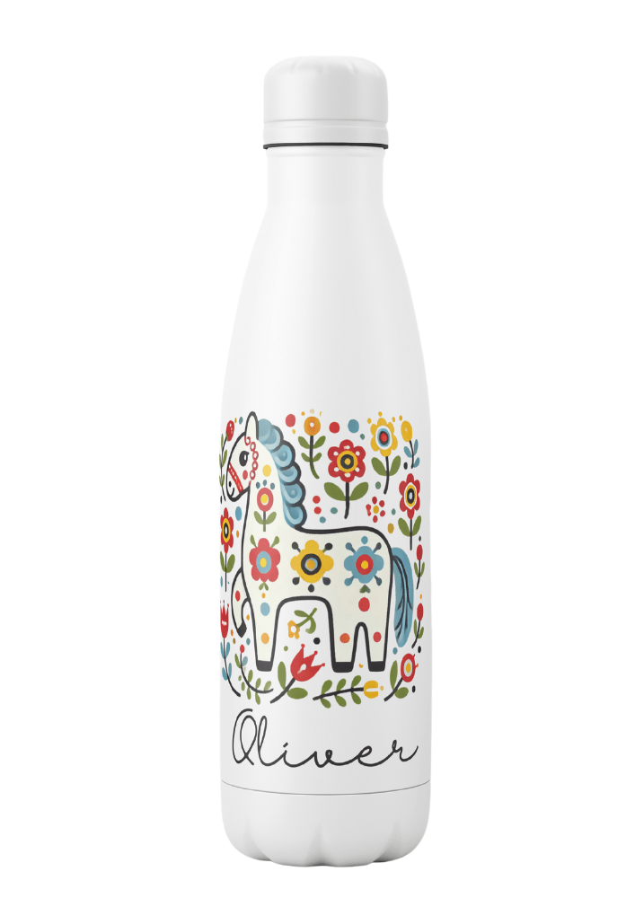 Personalisierte Thermosflasche – Dalapferd mit Sommerblumen