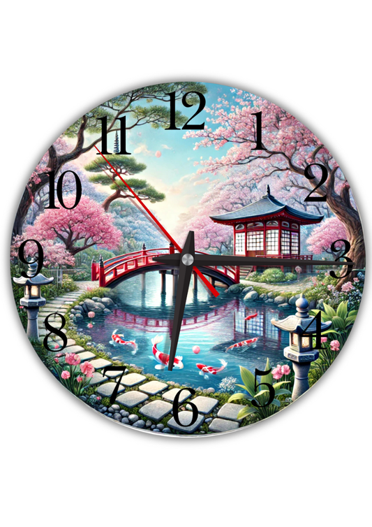 Lautlose große Wanduhr für Zuhause – Japanischer Garten