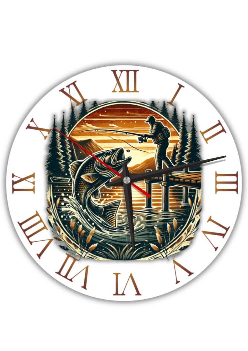 Lautlose Wanduhr mit Angelmotiv – perfektes Geschenk für Angler – große Deko-Uhr