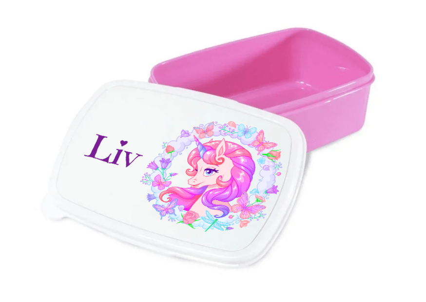 Personalisierte Brotdose für Kinder – Lunchbox – Blumiges Einhorn
