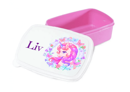 Personalisierte Brotdose für Kinder – Lunchbox – Blumiges Einhorn