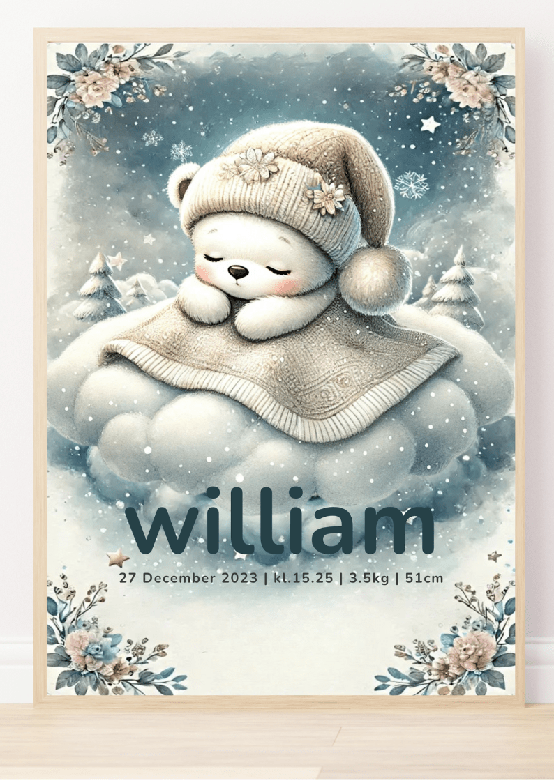 Personalisiertes Geburtsposter – Winterteddy – Namensbild für Kinder
