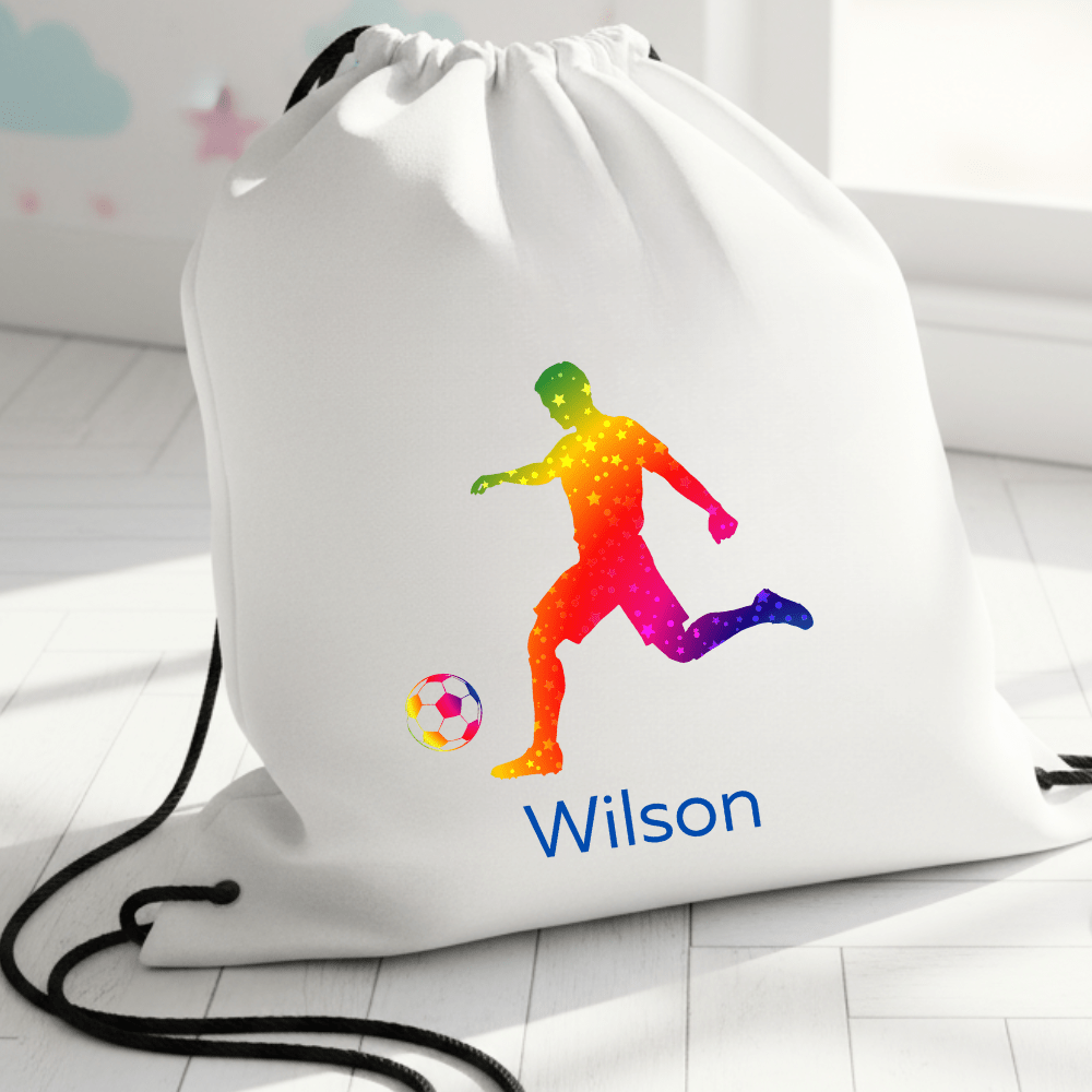 Personalisierter Turnbeutel – Bunter Fußballspieler – mit Namen