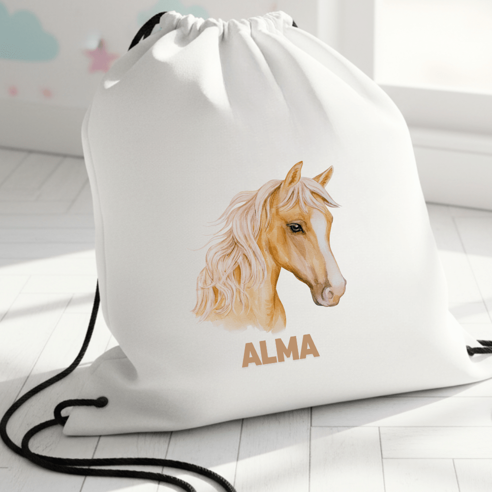 Personalisierter Turnbeutel – Goldenes Pferd – mit Namen