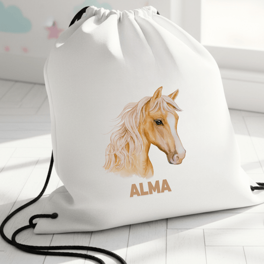 Personalisierter Turnbeutel – Goldenes Pferd – mit Namen