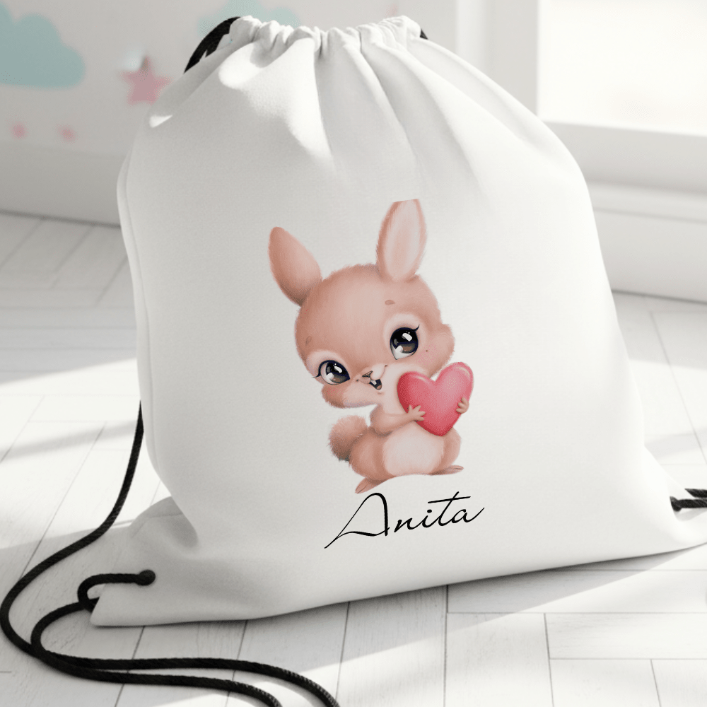 Personalisierter Turnbeutel – Rosa Hase mit Herz – mit Namen