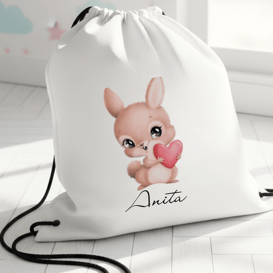 Personalisierter Turnbeutel – Rosa Hase mit Herz – mit Namen