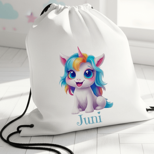 Personalisierter Turnbeutel – Einhornbaby mit Regenbogenmähne – mit Namen