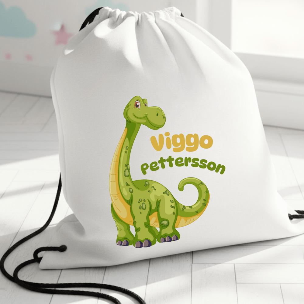 Personalisierter Turnbeutel – Grüner Dinosaurier – mit Namen