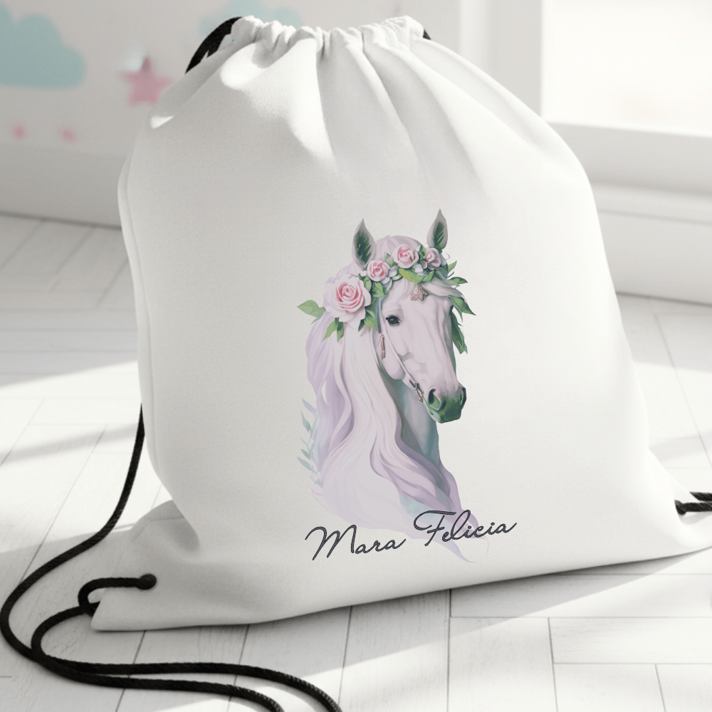 Personalisierter Turnbeutel – Weißes Pferd mit rosa Blumen – mit Namen