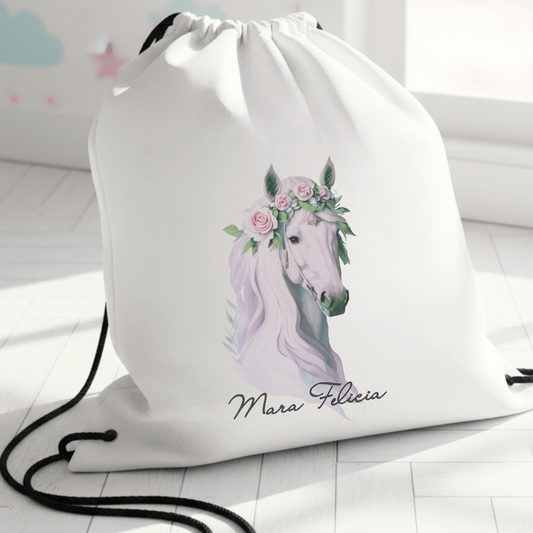 Personalisierter Turnbeutel – Weißes Pferd mit rosa Blumen – mit Namen