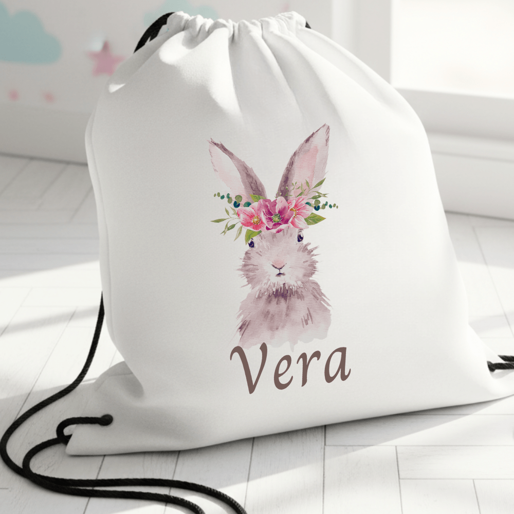 Personalisierter Turnbeutel – Hase mit Blumenkranz – mit Namen