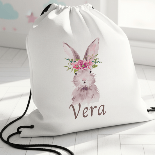 Personalisierter Turnbeutel – Hase mit Blumenkranz – mit Namen