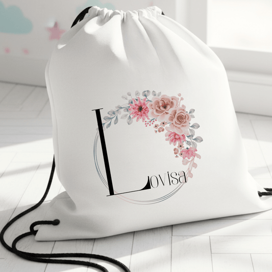 Personalisierter Turnbeutel – Buchstabe mit rosa Blumen – mit Namen