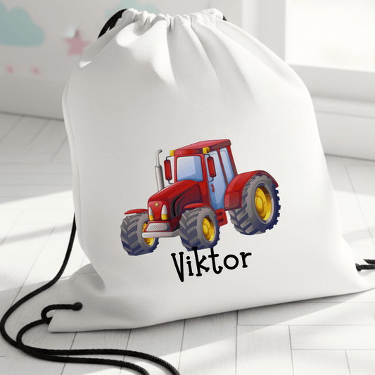 Personlig gympapåse – Röd traktor – med namn