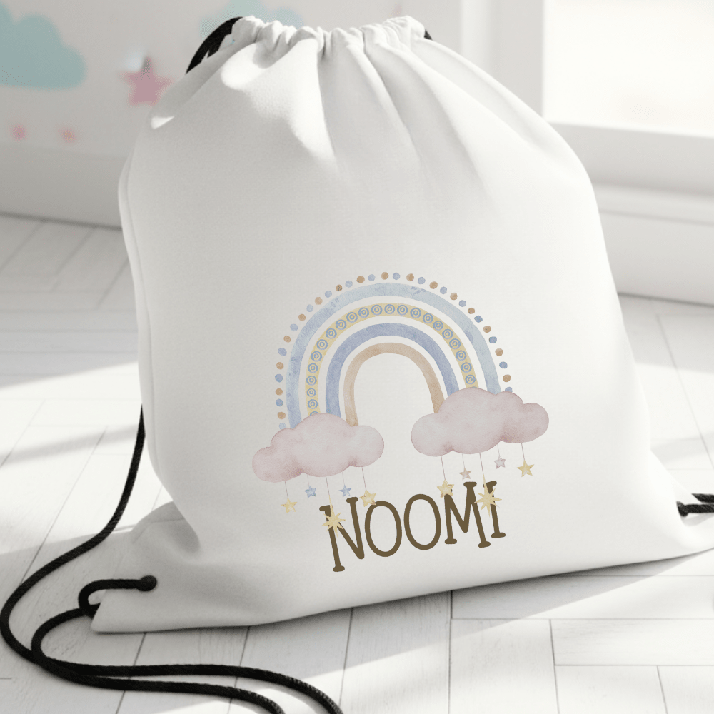 Personalisierter Turnbeutel – Boho-Regenbogen auf Wolke – mit Namen