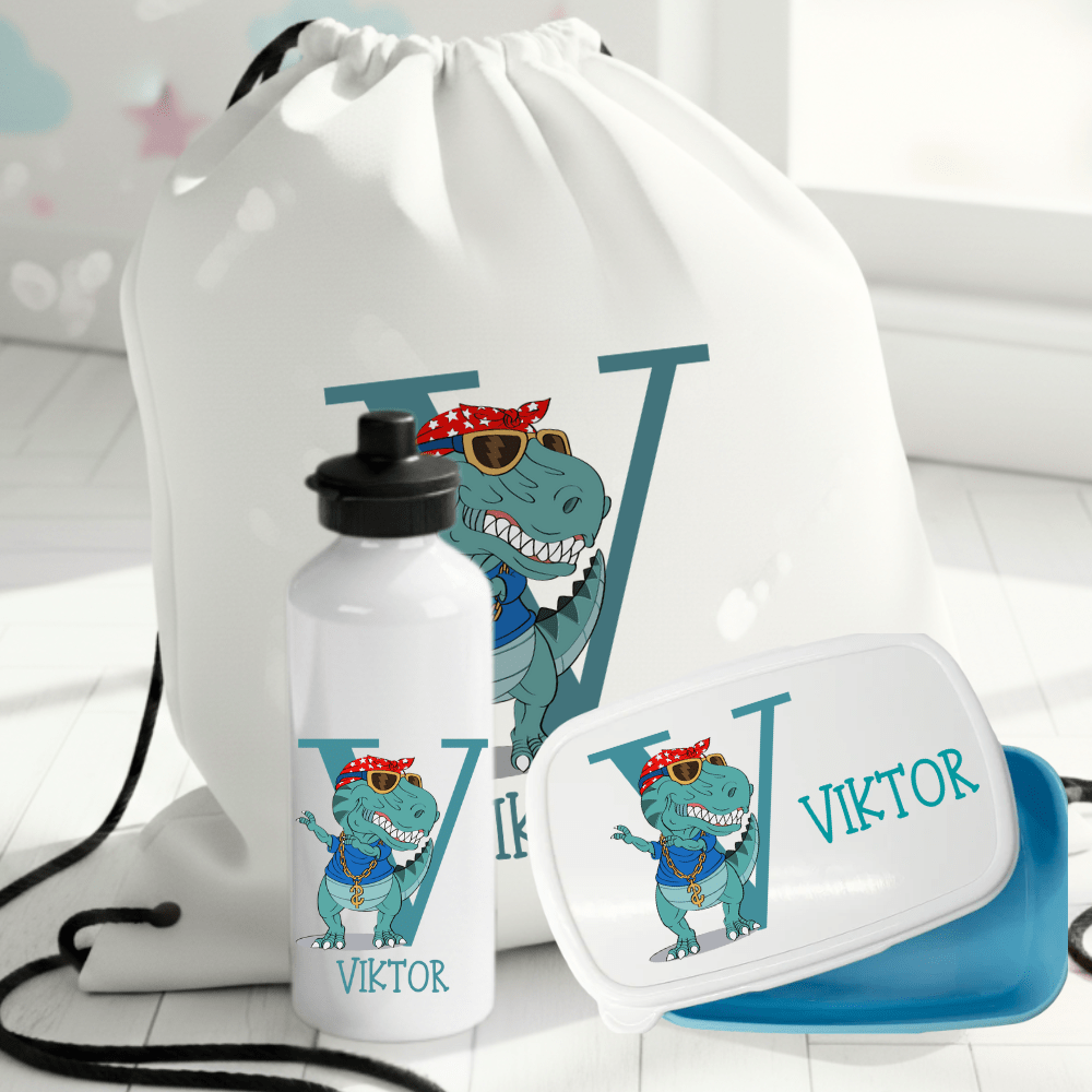 Abenteuer-Set – Dino mit Initiale – Trinkflasche, Brotdose & Turnbeutel