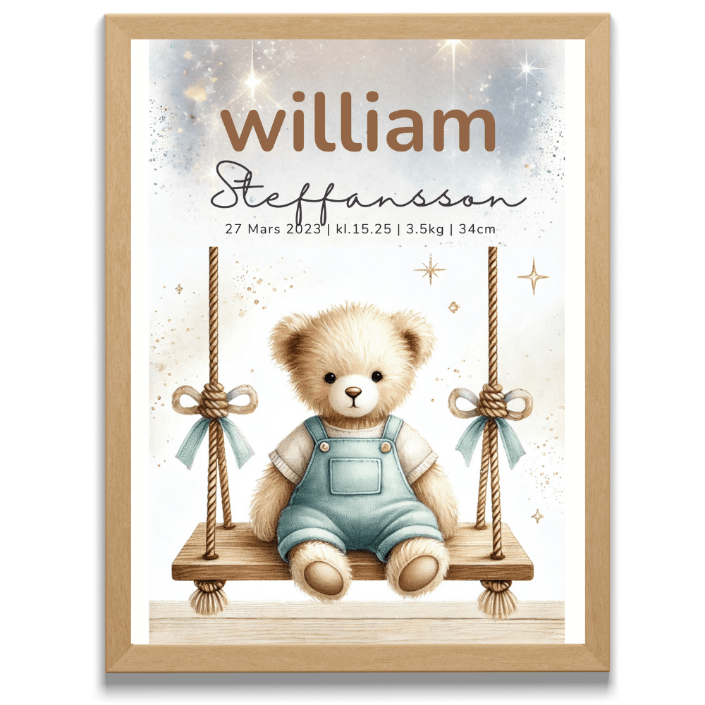 Personalisiertes Geburtsposter – Bunter Teddy – Taufbild für Kinder