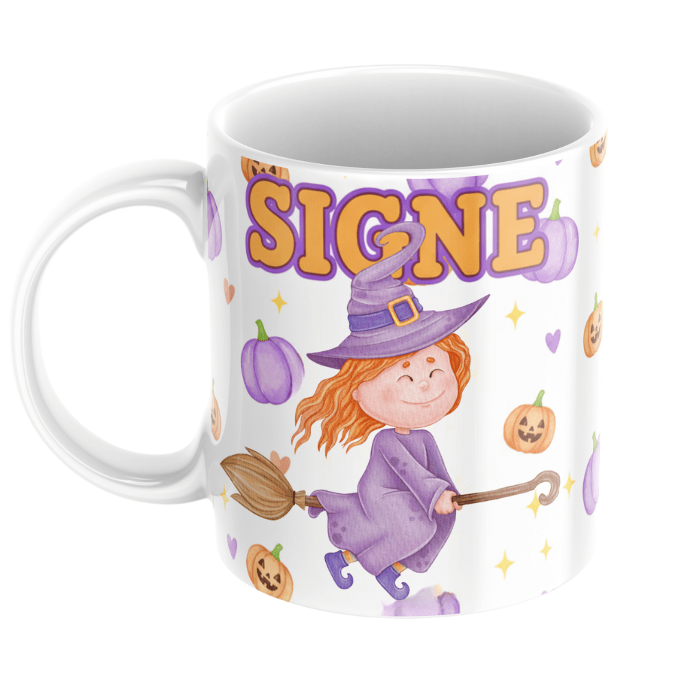 Personalisierte Halloween-Tasse – Hexe auf dem Besen – Tasse mit Namen für Kinder