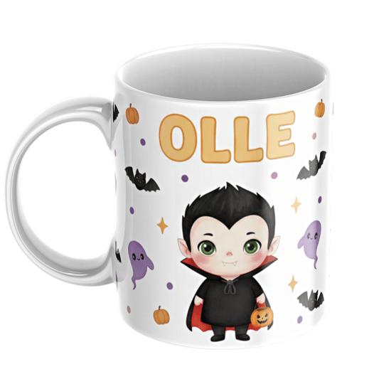 Personalisierte Halloween-Tasse – Süßer Vampir – Tasse mit Namen für Kinder