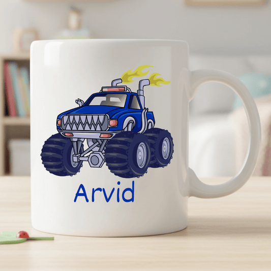 Personlig barnmugg – Monstertruck – mugg med namn för barn