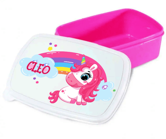 Personalisierte Brotdose für Kinder – Lunchbox – Regenbogen mit Einhorn