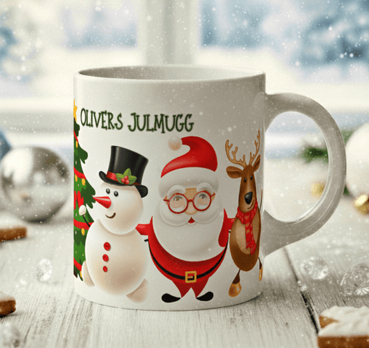Personlig julmugg – Tomte med snögubbe – mugg med namn