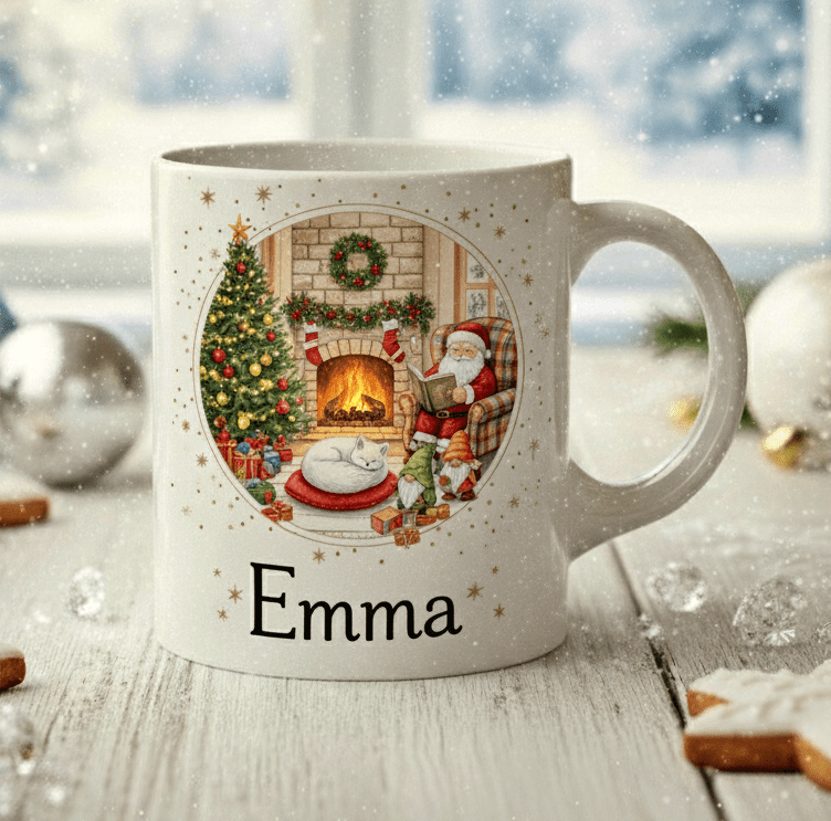 Personlig julmugg – Tomte vid brasan – mugg med namn