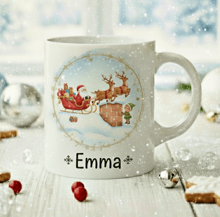 Personalisierte Weihnachtstasse – Wichtel mit Schlitten – Tasse mit Namen