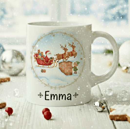Personlig julmugg – Tomte med släde – mugg med namn