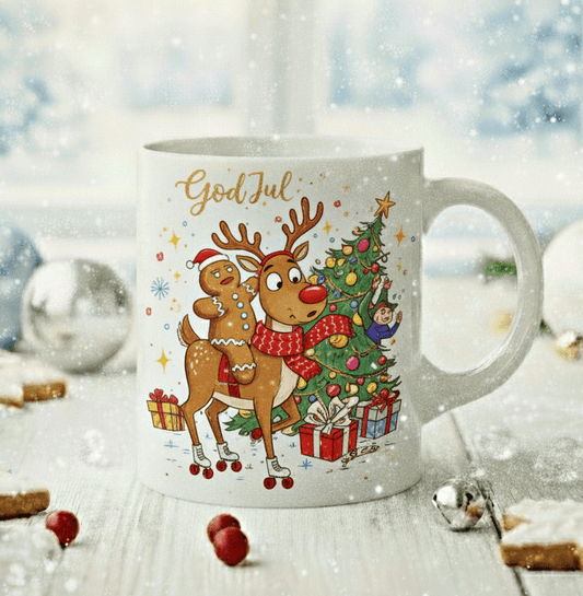 Personlig julmugg – Rudolf och pepparkaksgubben – mugg med namn
