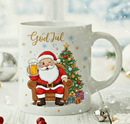 Personlig julmugg – Tomte med öl – mugg med namn