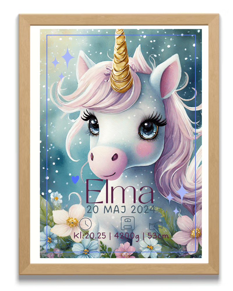 Personalisiertes Geburtsposter – Buntes Einhorn – Namensbild
