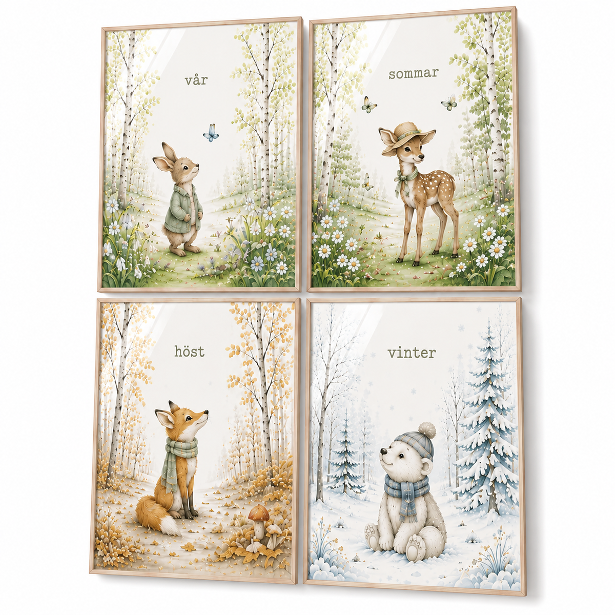 Jahreszeiten-Waldtiere Kinderposter – 4-teiliges Aquarell-Set fürs Kinderzimmer