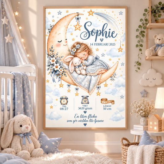 Personalisiertes Geburtsposter – Mond – mit Mädchen und Hase auf dem Mond