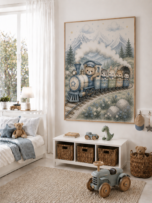 Zugreise mit Freunden Kinderposter – Aquarell-Kinderbild fürs Jungenzimmer
