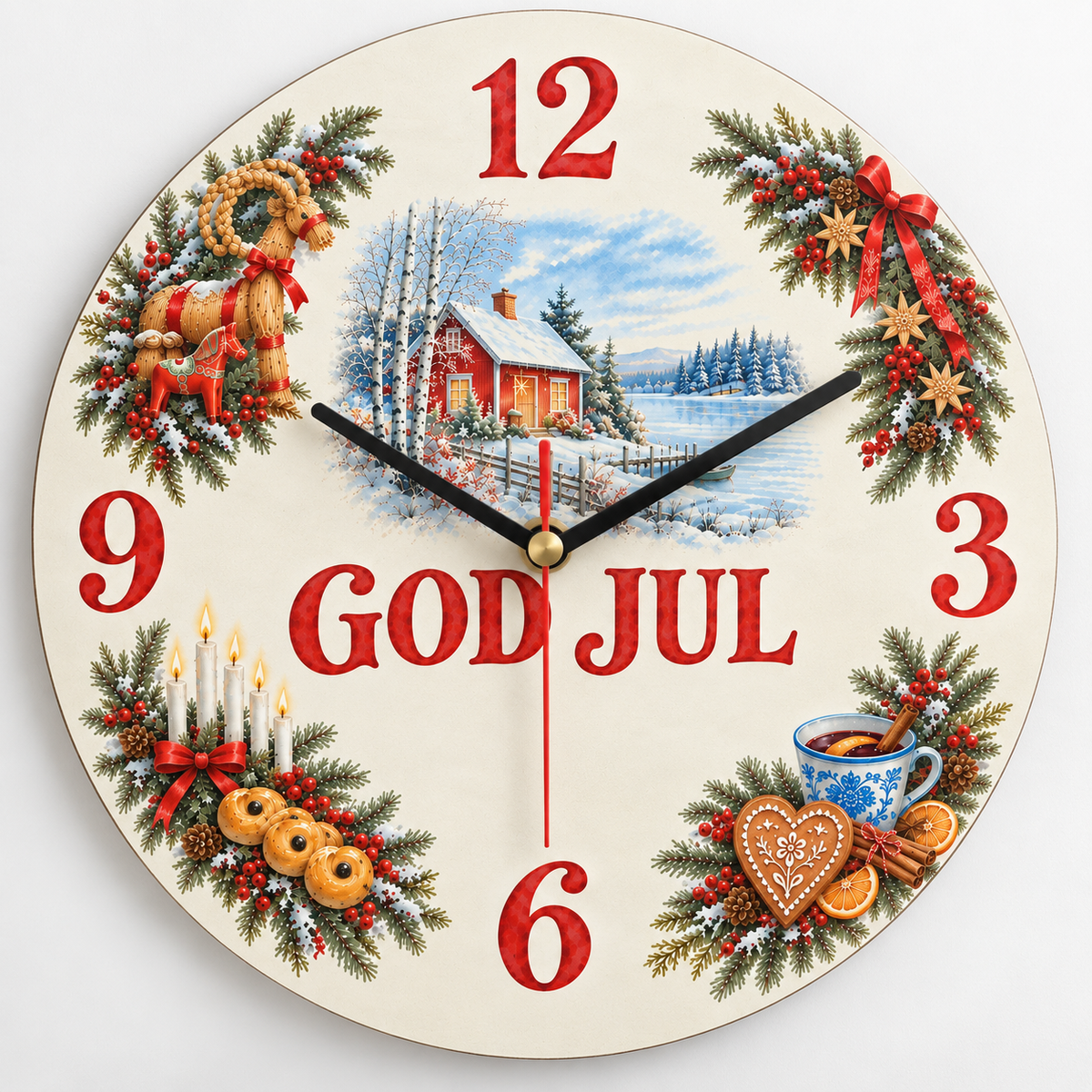 Lautlose Wanduhr mit skandinavischem Weihnachtsmotiv God Jul
