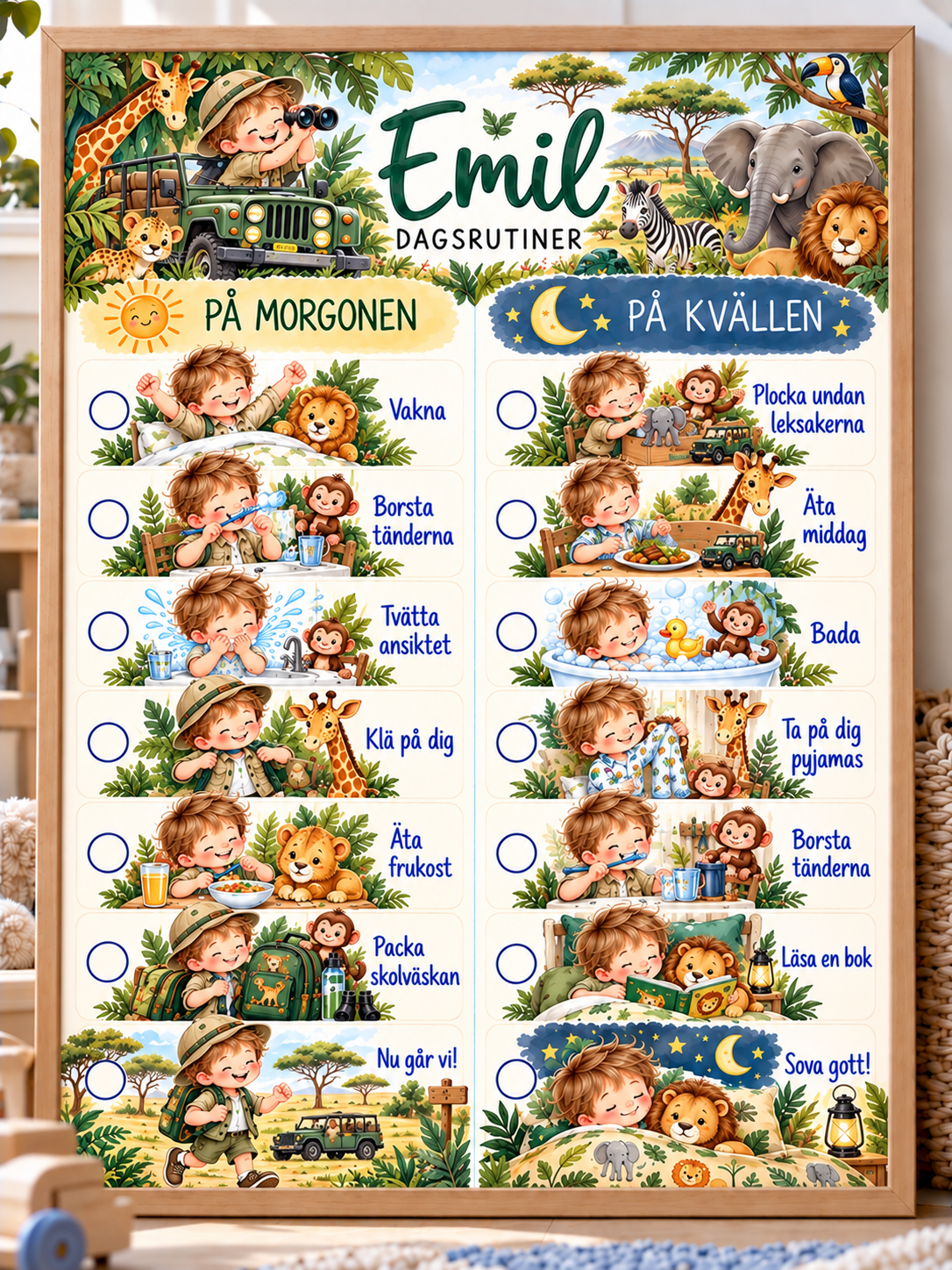 Tagesplan für Kinder mit Namen – Morgen- und Abendroutine mit Motiv Safari