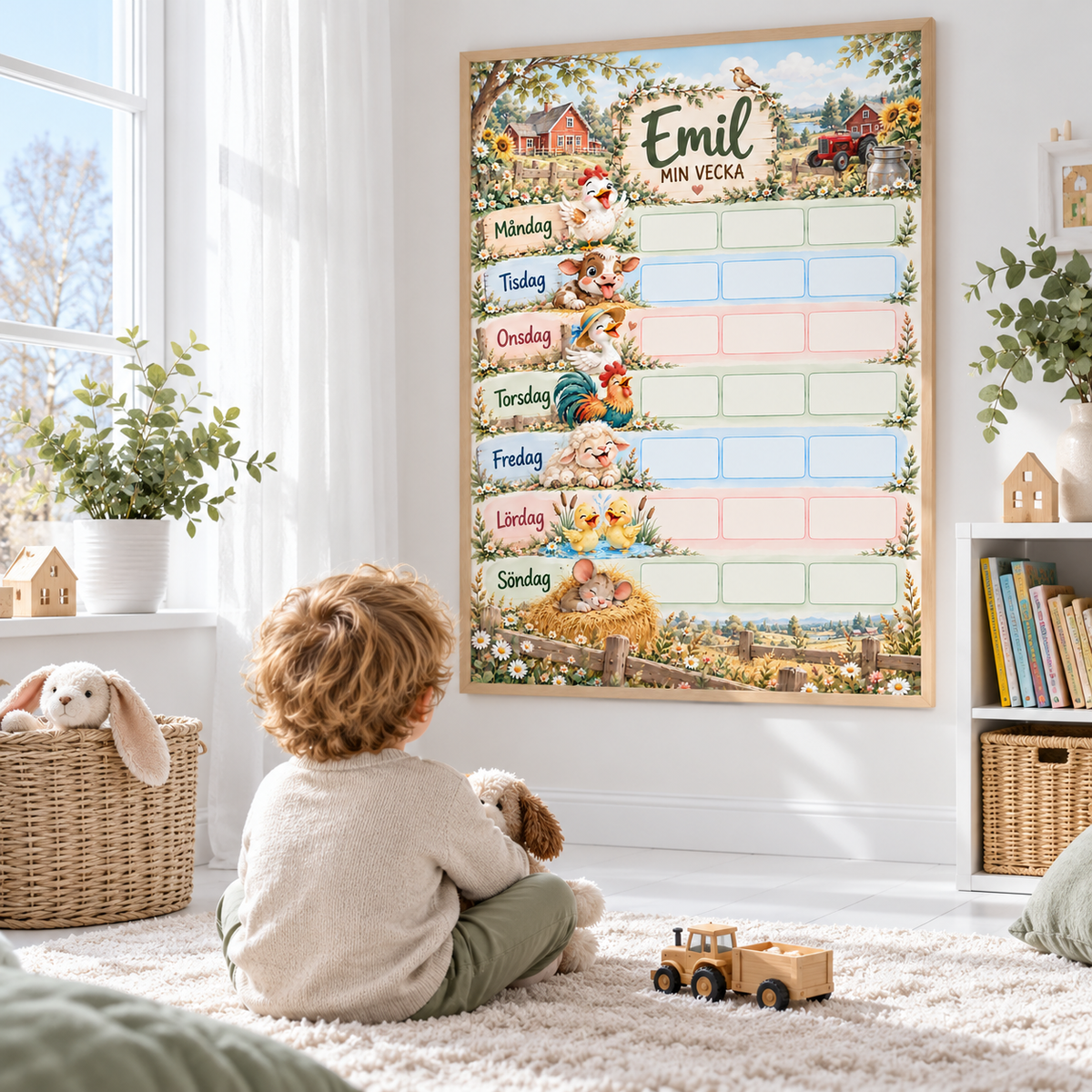 Wochenplan für Kinder mit Namen an der Wand im Kinderzimmer – Motiv Bauernhof