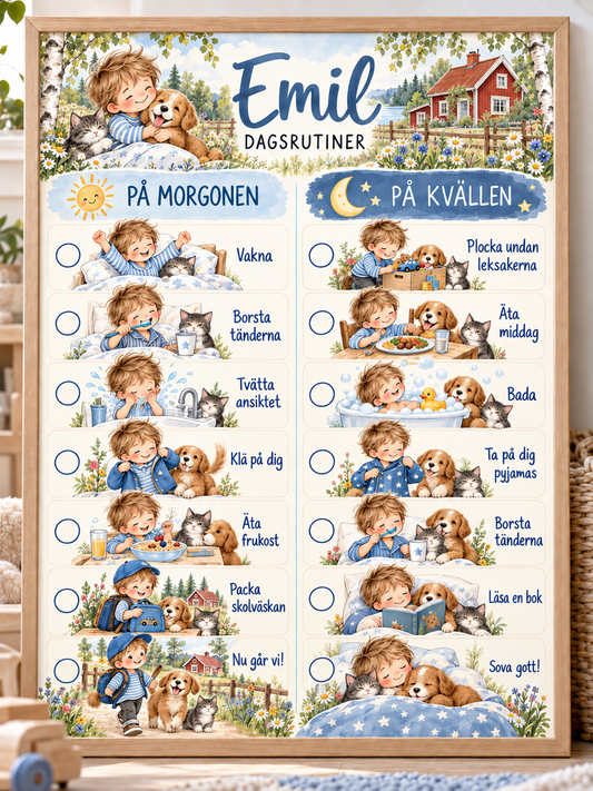 Tagesplan für Kinder mit Namen – Morgen- und Abendroutine mit Motiv Schwedischer Sommer
