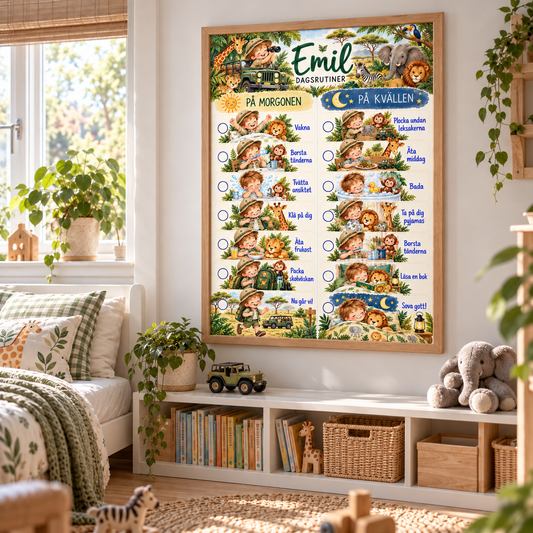 Bildschema för barn med namn i ett barnrum – motiv safari