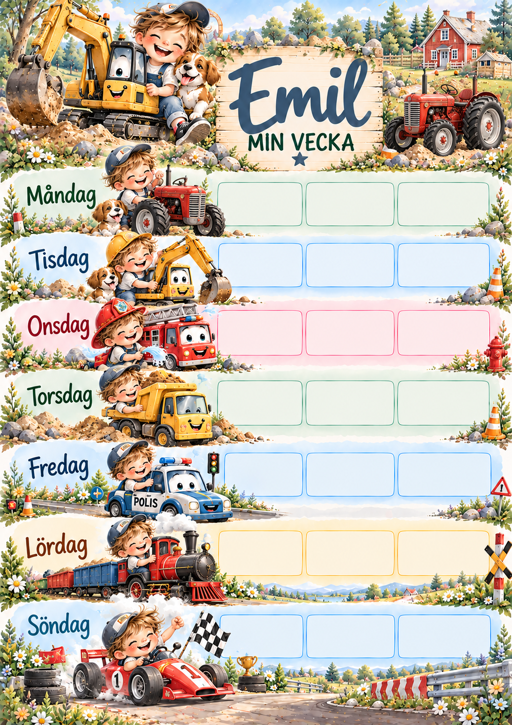 Wochenplan für Kinder mit Namen – Motiv Fahrzeuge