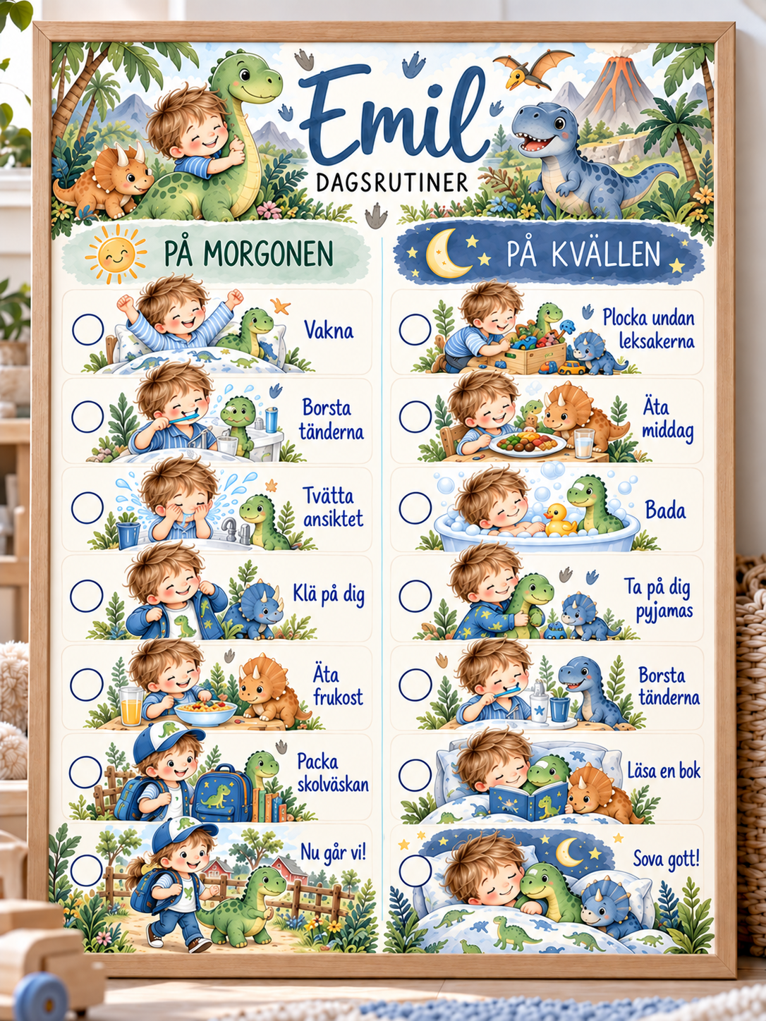 Tagesplan für Kinder mit Namen – Morgen- und Abendroutine mit Motiv Dinosaurier