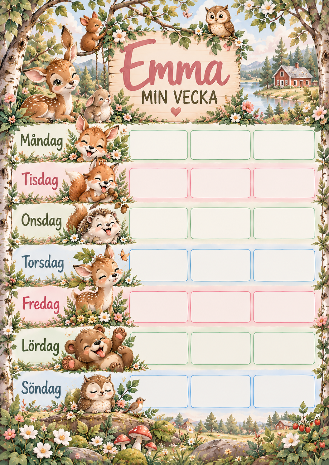 Wochenplan für Kinder mit Namen – Motiv Waldtiere