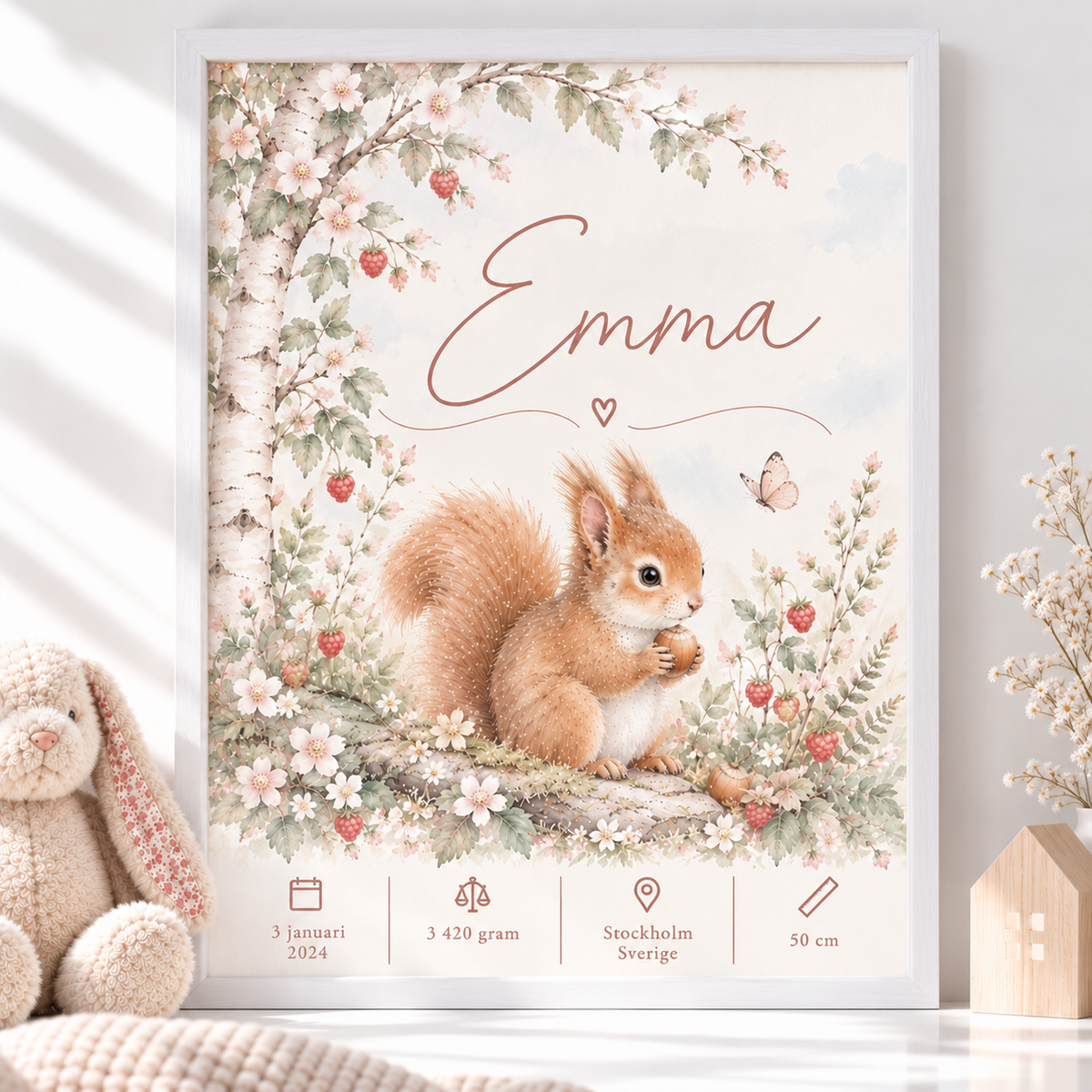 Födelsetavla med ekorre i vit ram